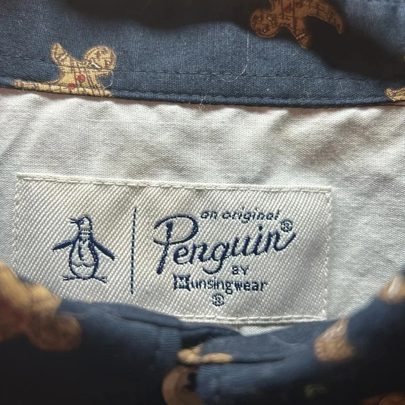 Penguin Brand Boys Large Gingerbread Christmas Holiday Button Down Dk Blue - Picture 2 of 7